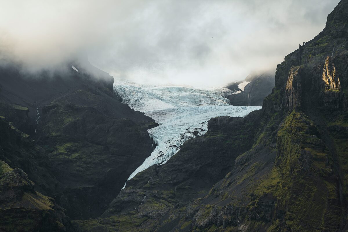 Ladscape view of Vatnajokull glacier in Iceland with overcast light grey skies.