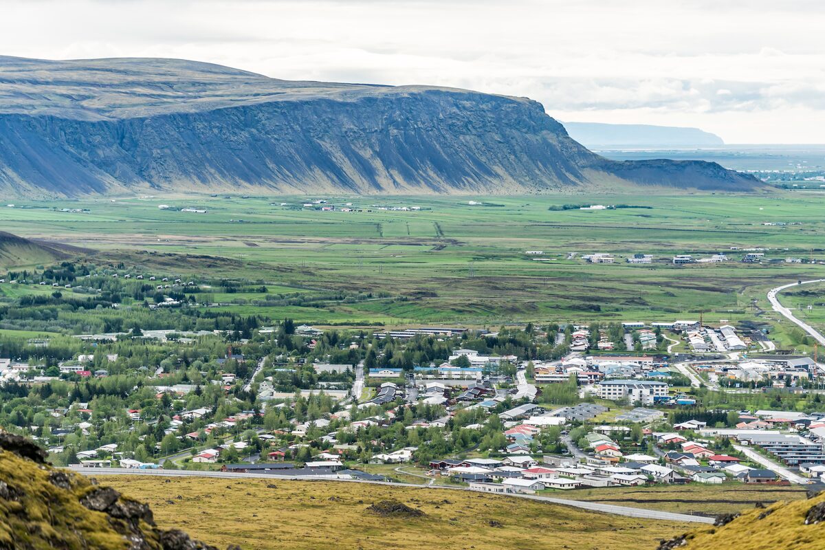 View from mountain of Hveragerdi geothermal town in summer, Iceland 