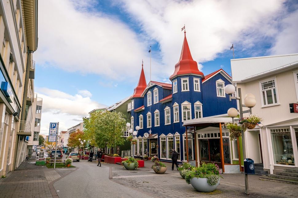 Street view of beautiful architecture buildings in Akureyri street