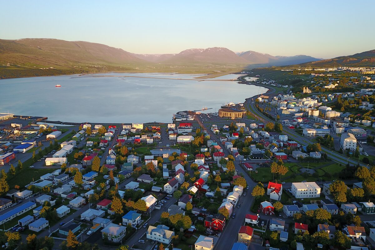 Ariel view of Akureyri houses in Icelandic town 