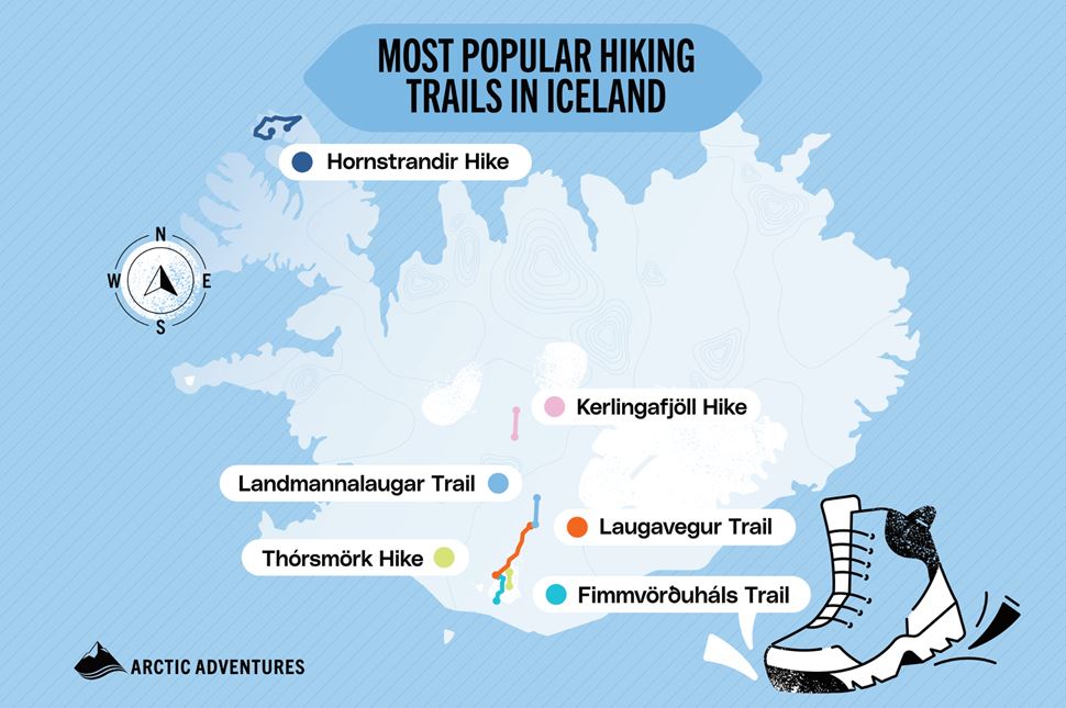 Hiking trails in Iceland. Info-graphical map showing best hiking trails in Iceland.