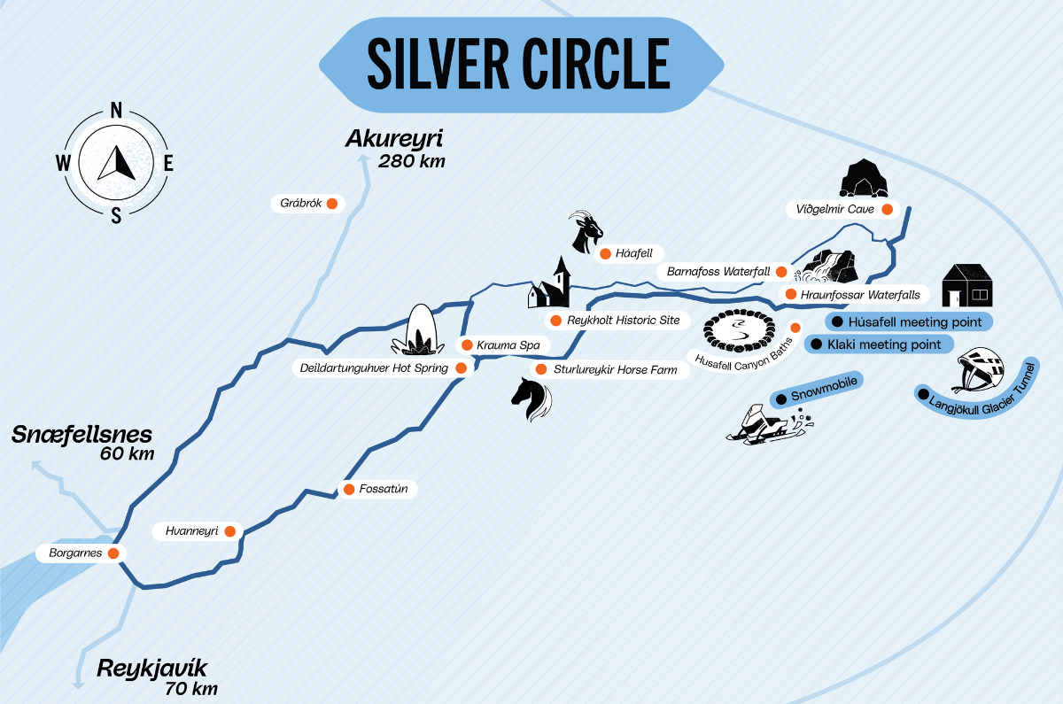 Light blue infographic map of the Silver circle route with all attractions