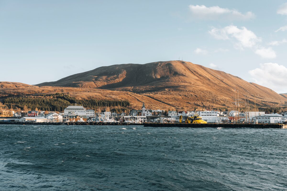 Husavik village on shore in front of large mountain 