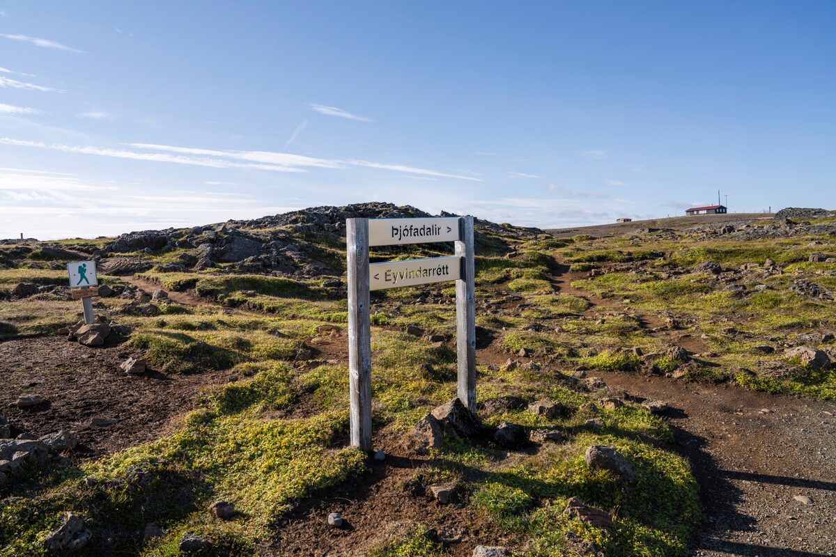 Wooden signage showing directions at Hveravellir 