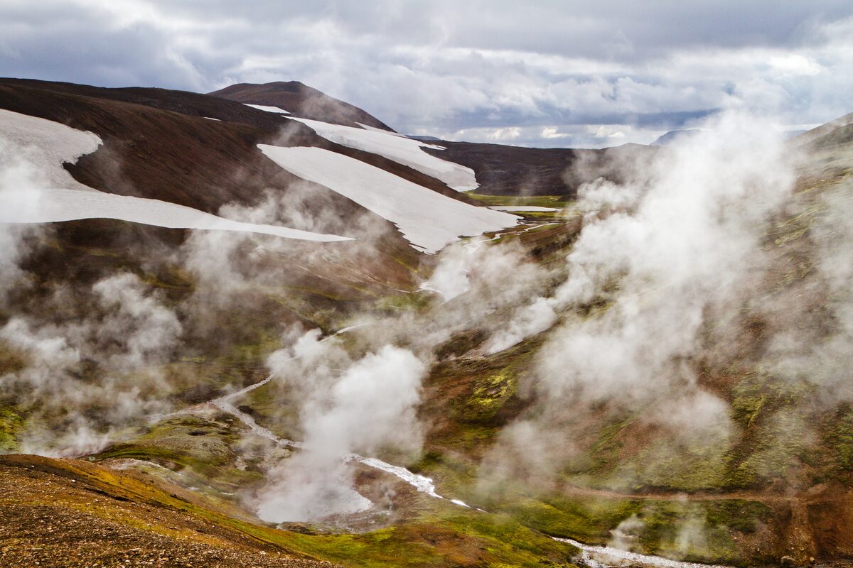 Steam rising from Rhyolite monutains in geothermal area of Landmannalaugar.