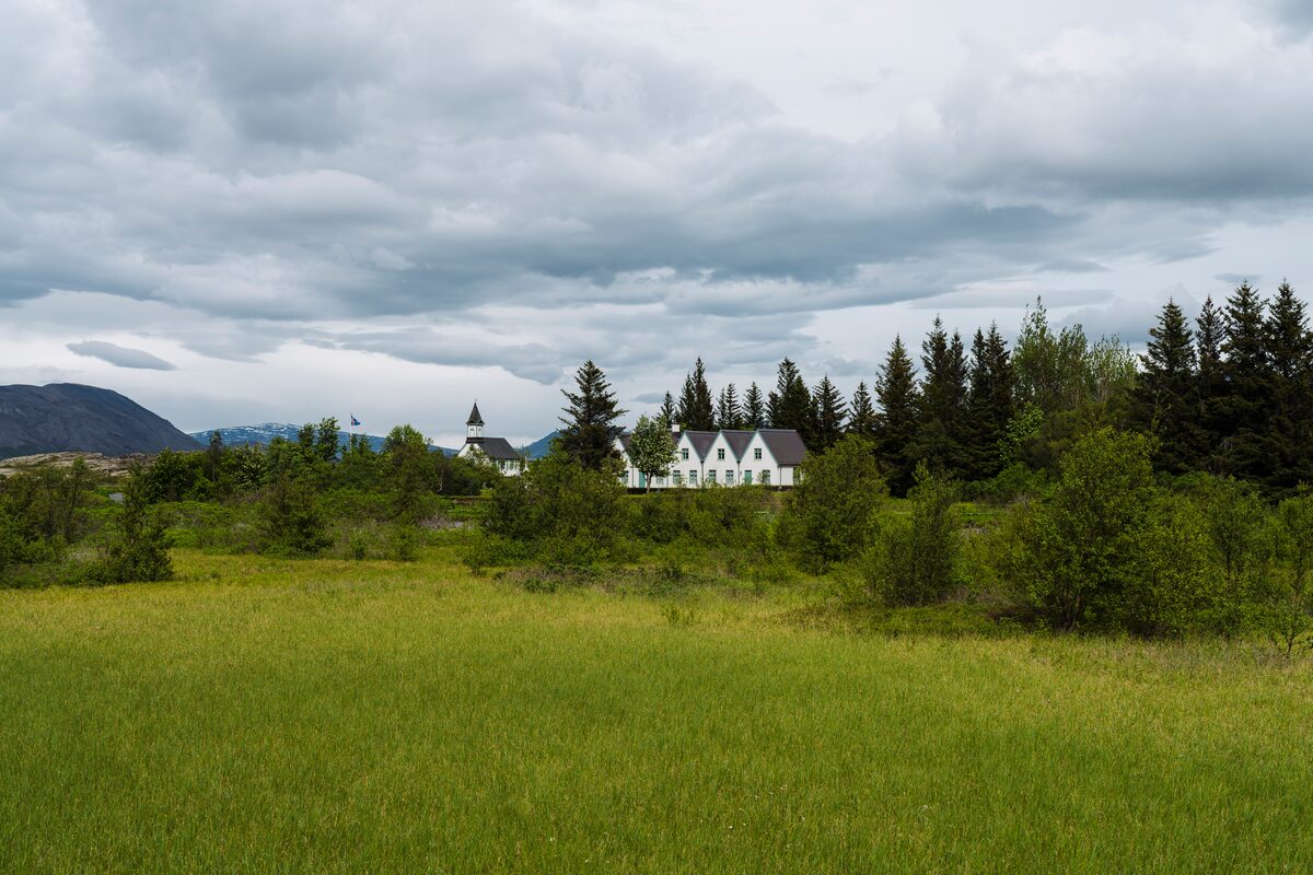 Thingvellir national park three small white houses in spring