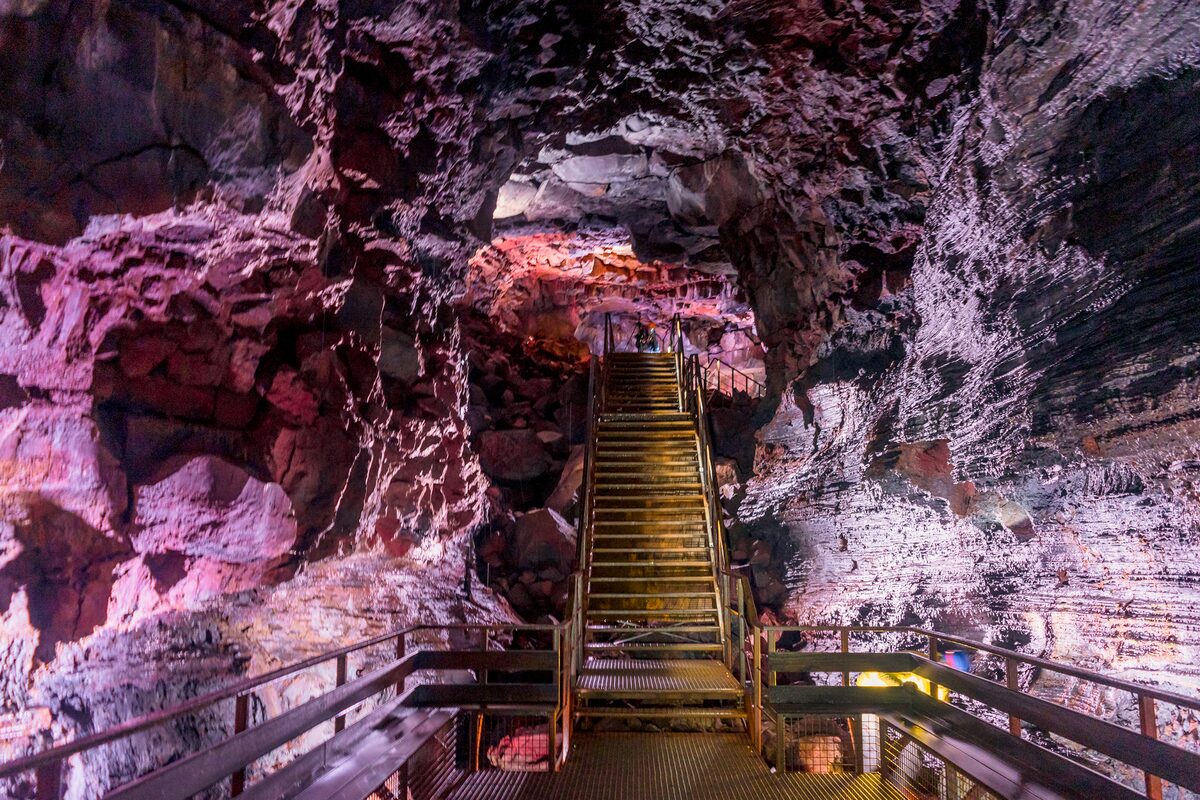 Wooden steps leading up to entrance at Raufarhólshellir lava tunnel.