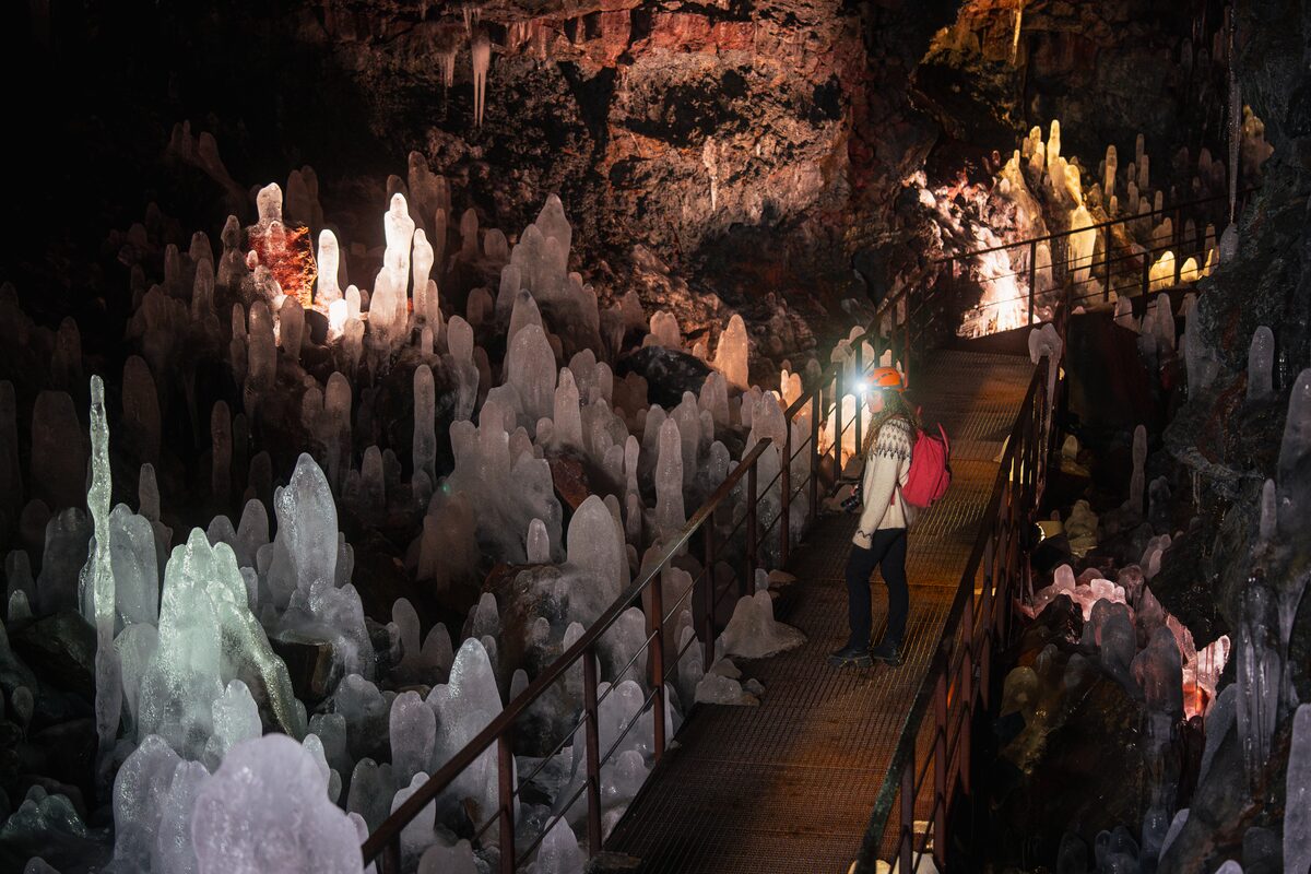 Large crystal formations inside Raufarhólshellir lava tube, Iceland.