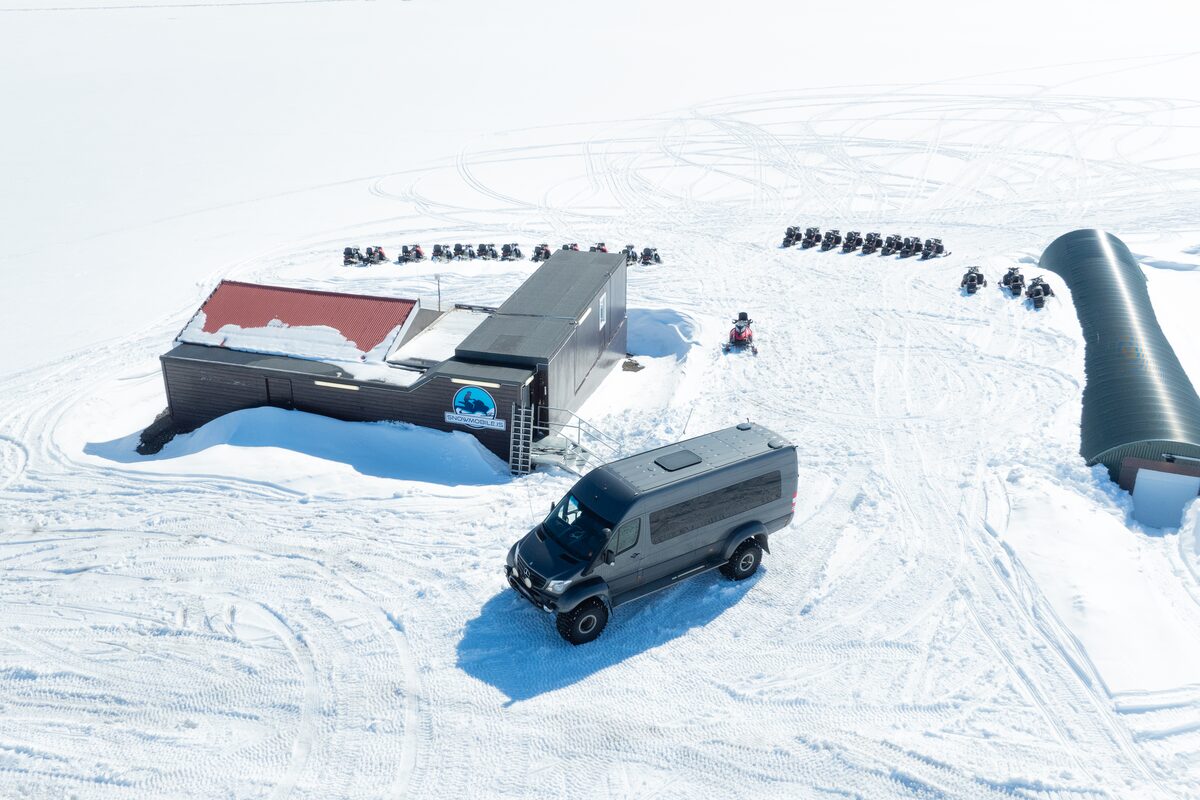 Base camp for snowmobiling tours with super jeep at Langjokull glacier.