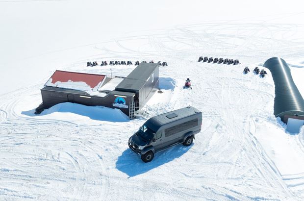 Base camp for snowmobiling tours with super jeep at Langjokull glacier.