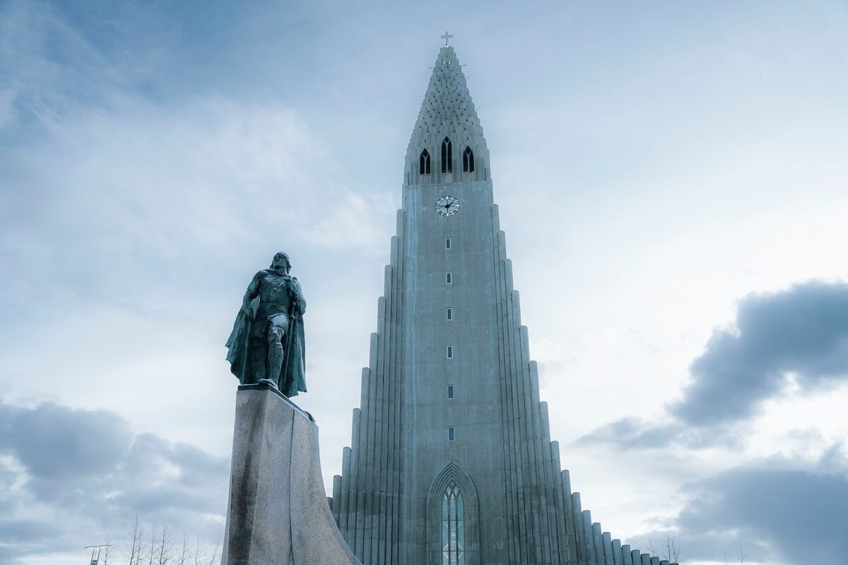 Statue of Leif Erikson outside beautiful Reykjavik church in winter.
