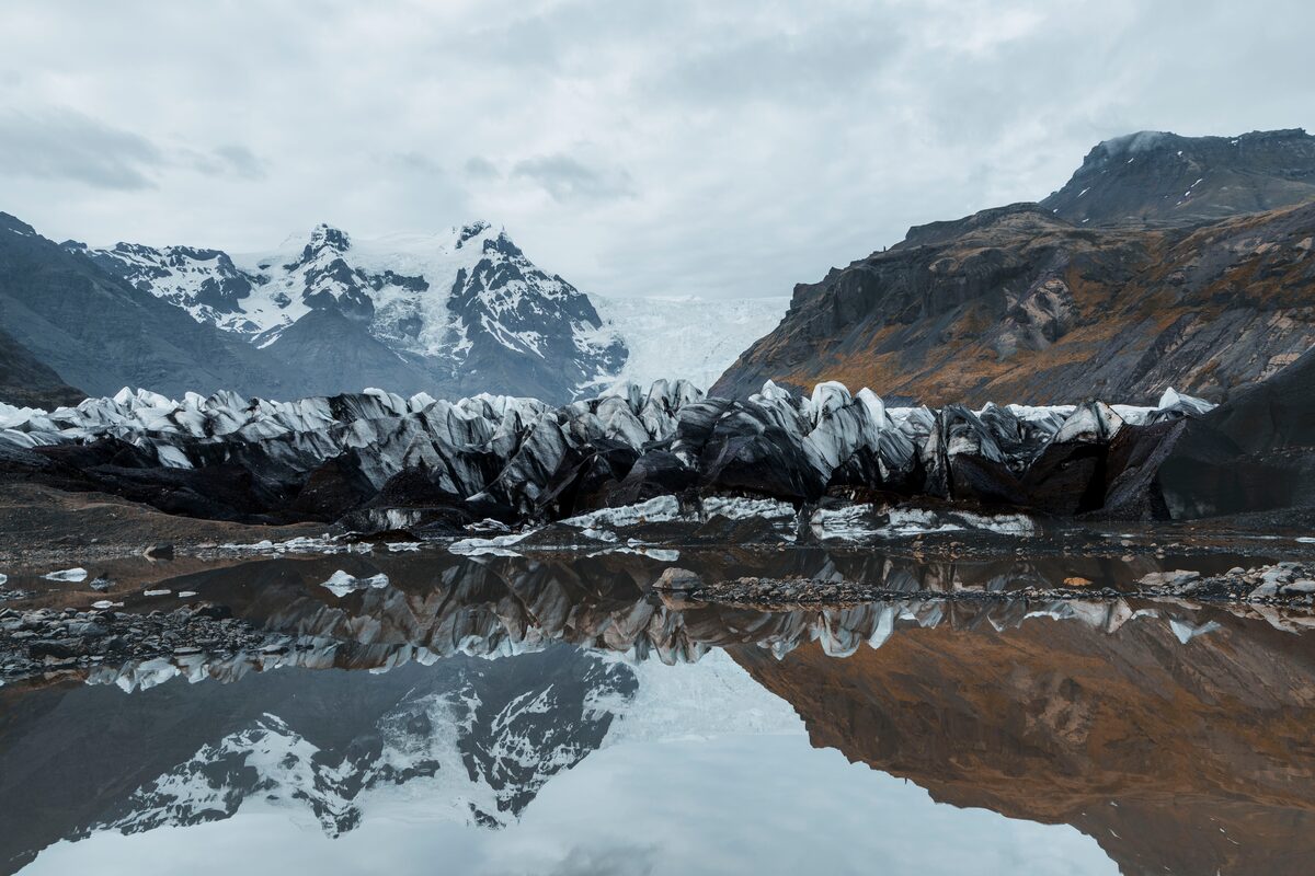 Volcanic ash covered glaciers at Vatnajokull glacier lagoon.
