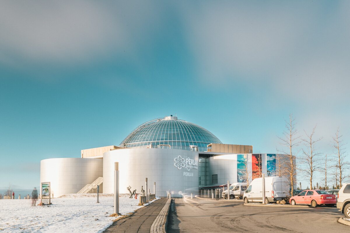 Blue skies over Perlan museum in Reykjavik during summer. 
