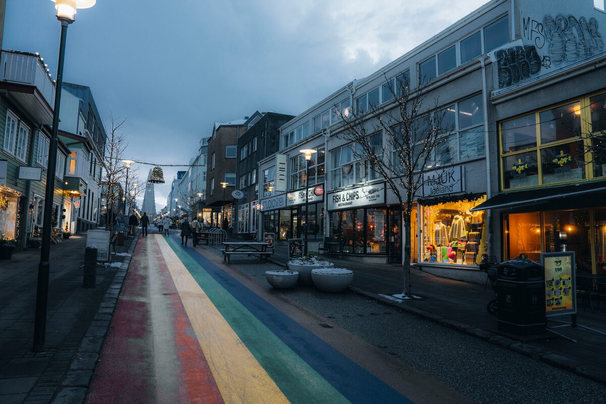 Reykjavik city multi colored walkway in high street leading to Hallgrímskirkja church.