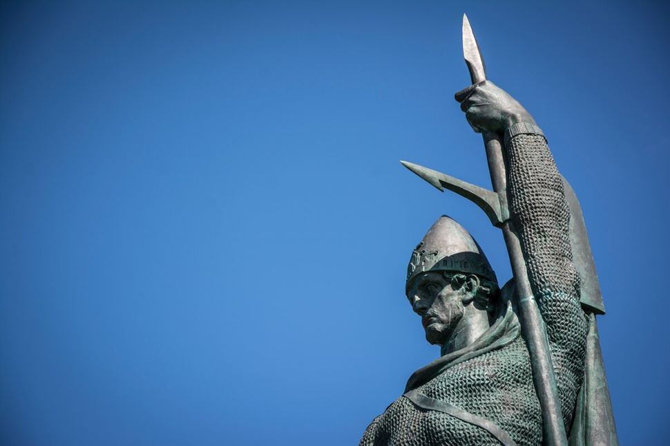 Close up view of Ingolfur Arnarson statue in Reykjavik.