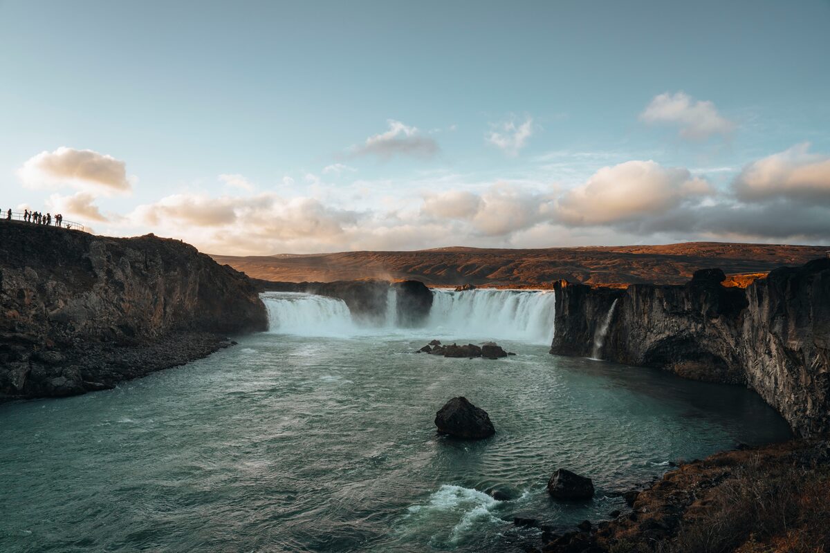 Sunset over Godafoss waterfall in autumn.