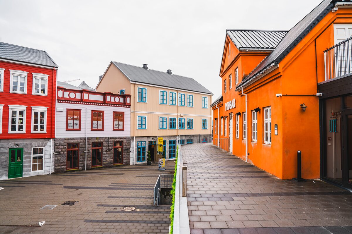 Orange, Red, and pink buildings in Selfoss town in Iceland.