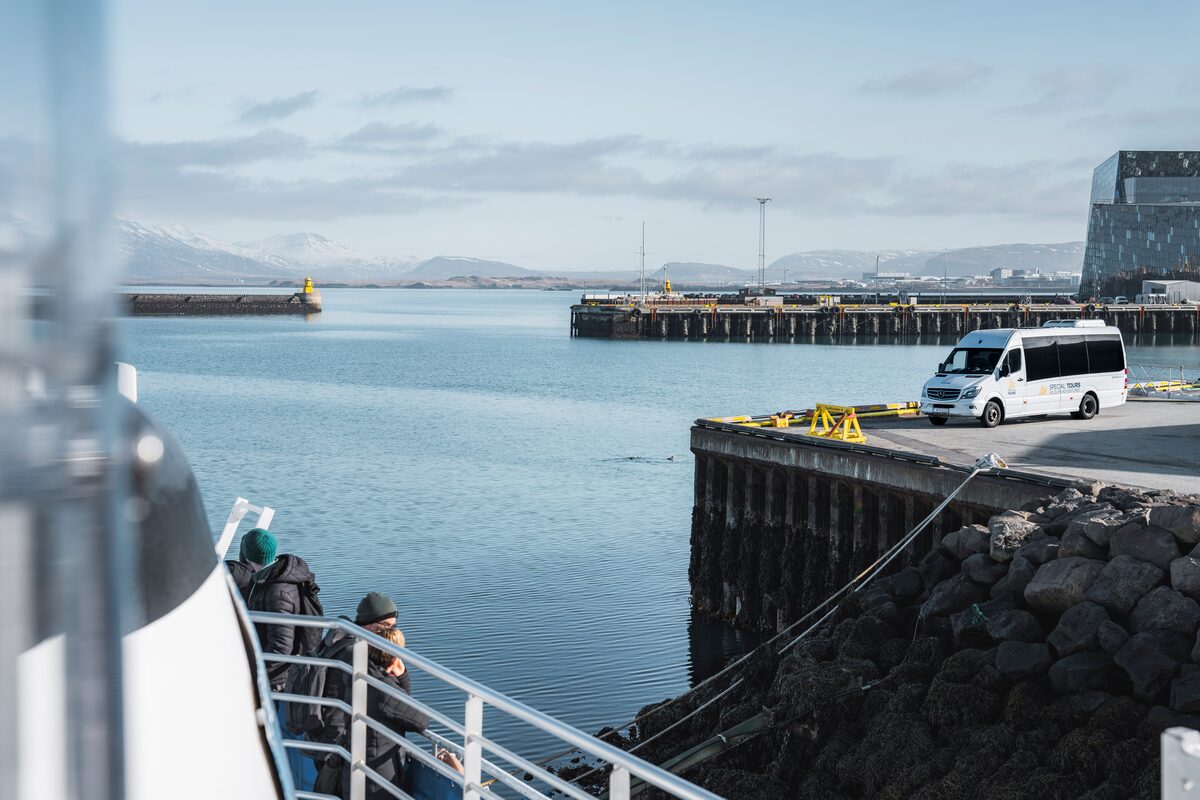 View from boat of Special Tours white bus parked at side of harbor in Reykjavik.