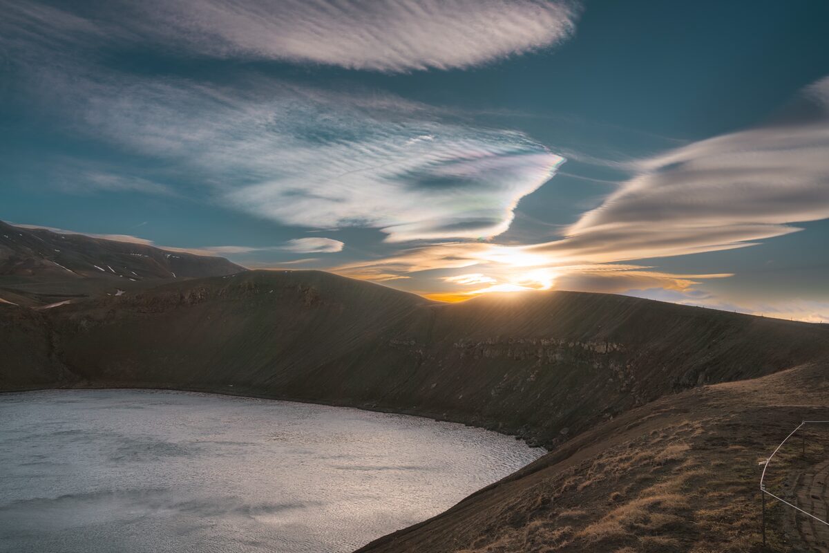 The midnight sun over Stora Viti landscape in Iceland.