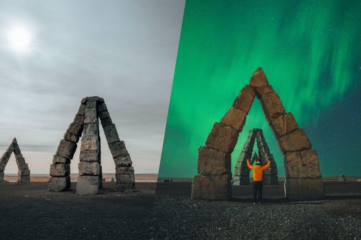Arctic henge comparison, left side with midnight sun in sky, and on the right with northern lights shining bright.
