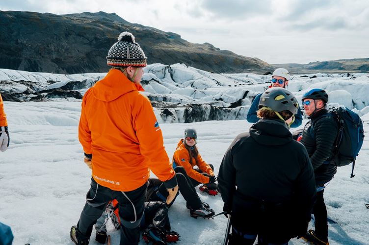 Close up of small group during glacier hike in Iceland, in spring.