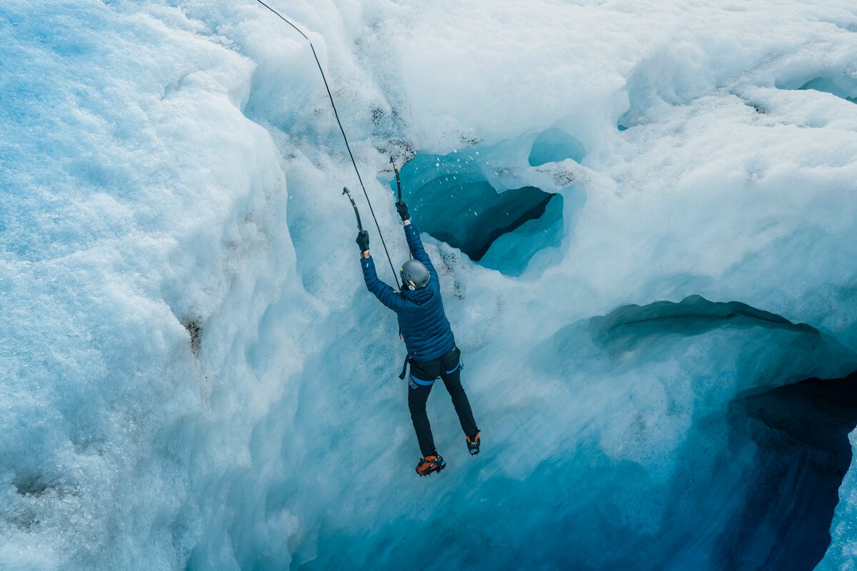 Beautiful blue colors of ice wall at Solheimajokull glacier.