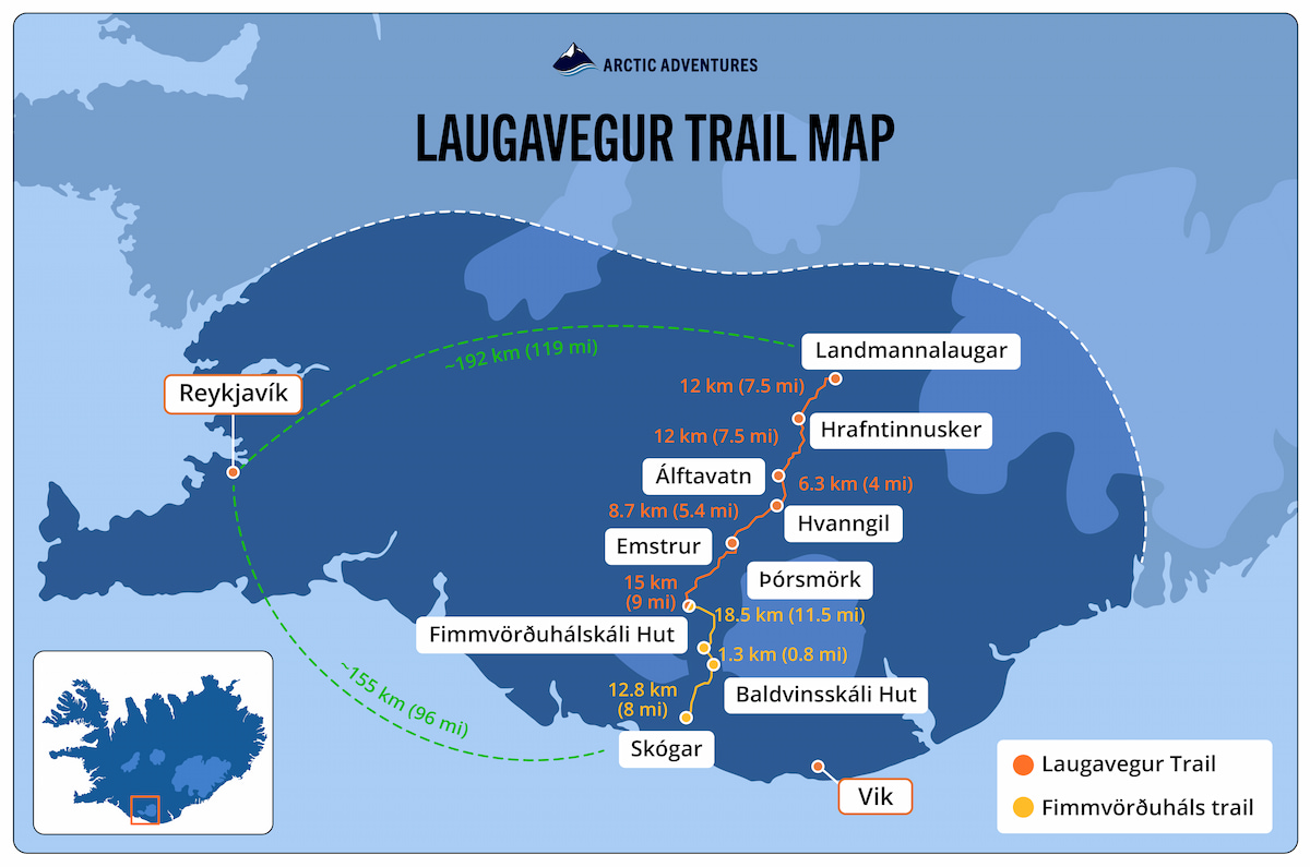 Laugavegur trail map with route and distances from Landmannalaugar to Skogar.