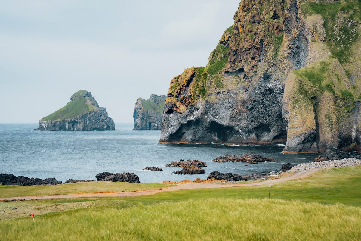 Large rocky cliff side covered in moss and grass resembling an elephant, the elephant rock at Vestmannaeyjar islands.