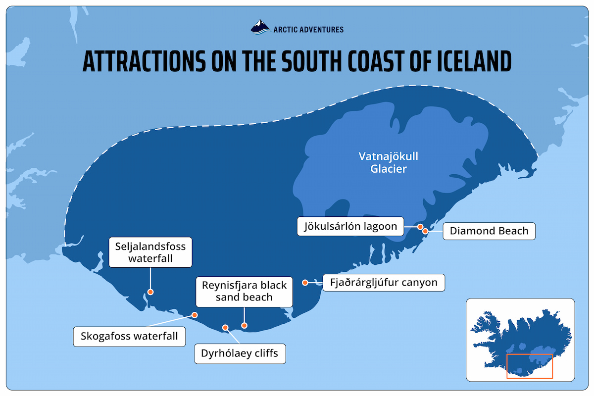 Iceland South Coast map with stops and attractions.