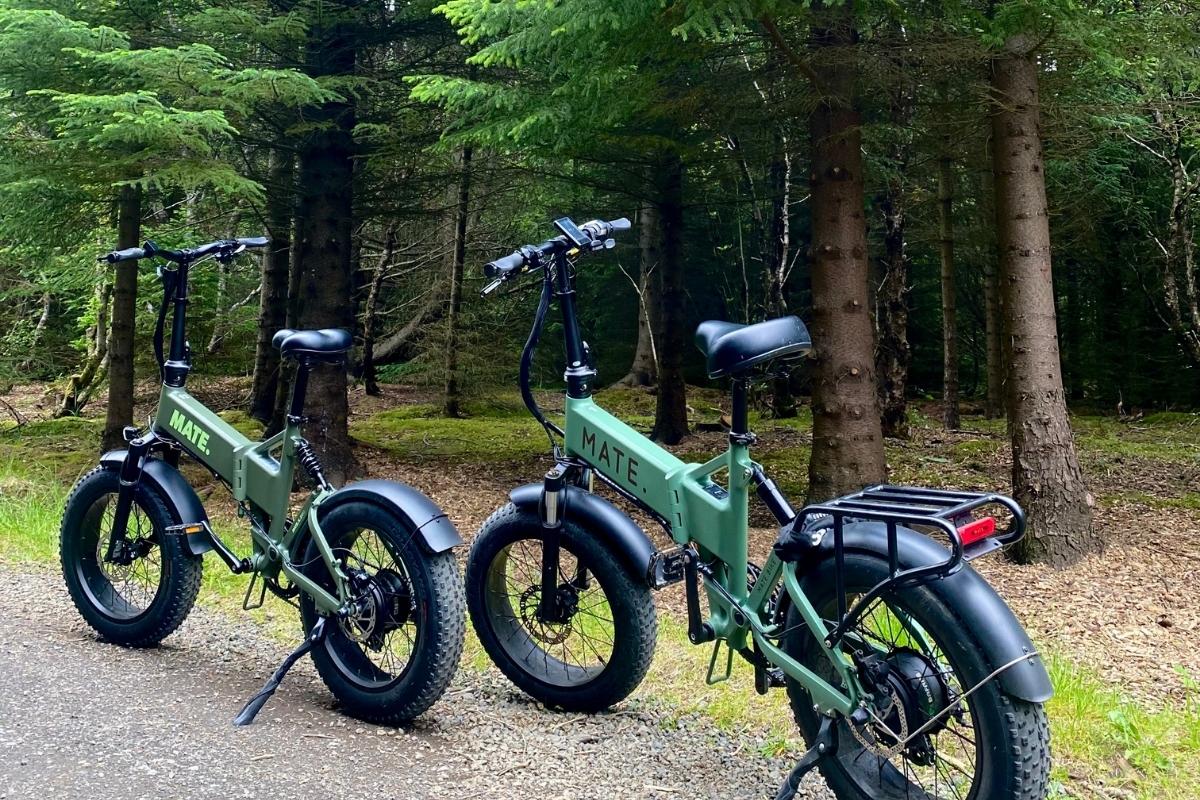 Two green electric bikes parked on stands in Reykjavik forest with evergreen trees.