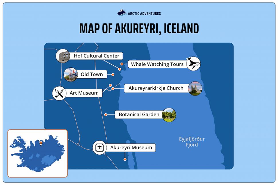 Map of Akureyri, Iceland Map showing Akureyri Iceland attractions and surrounding must-sees.