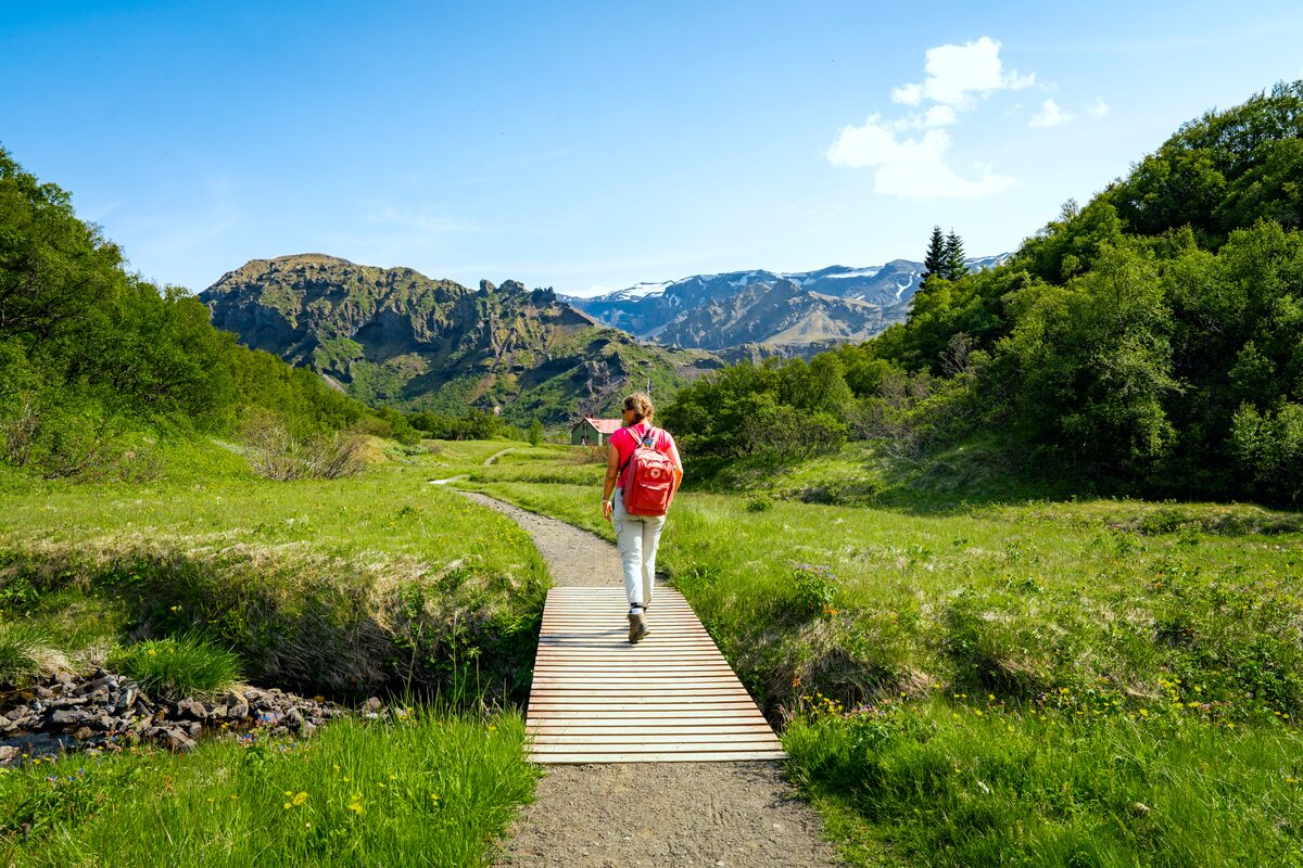 Female walking along wooden footpath in Thorsmork nature reserve with pink backpack in summer.