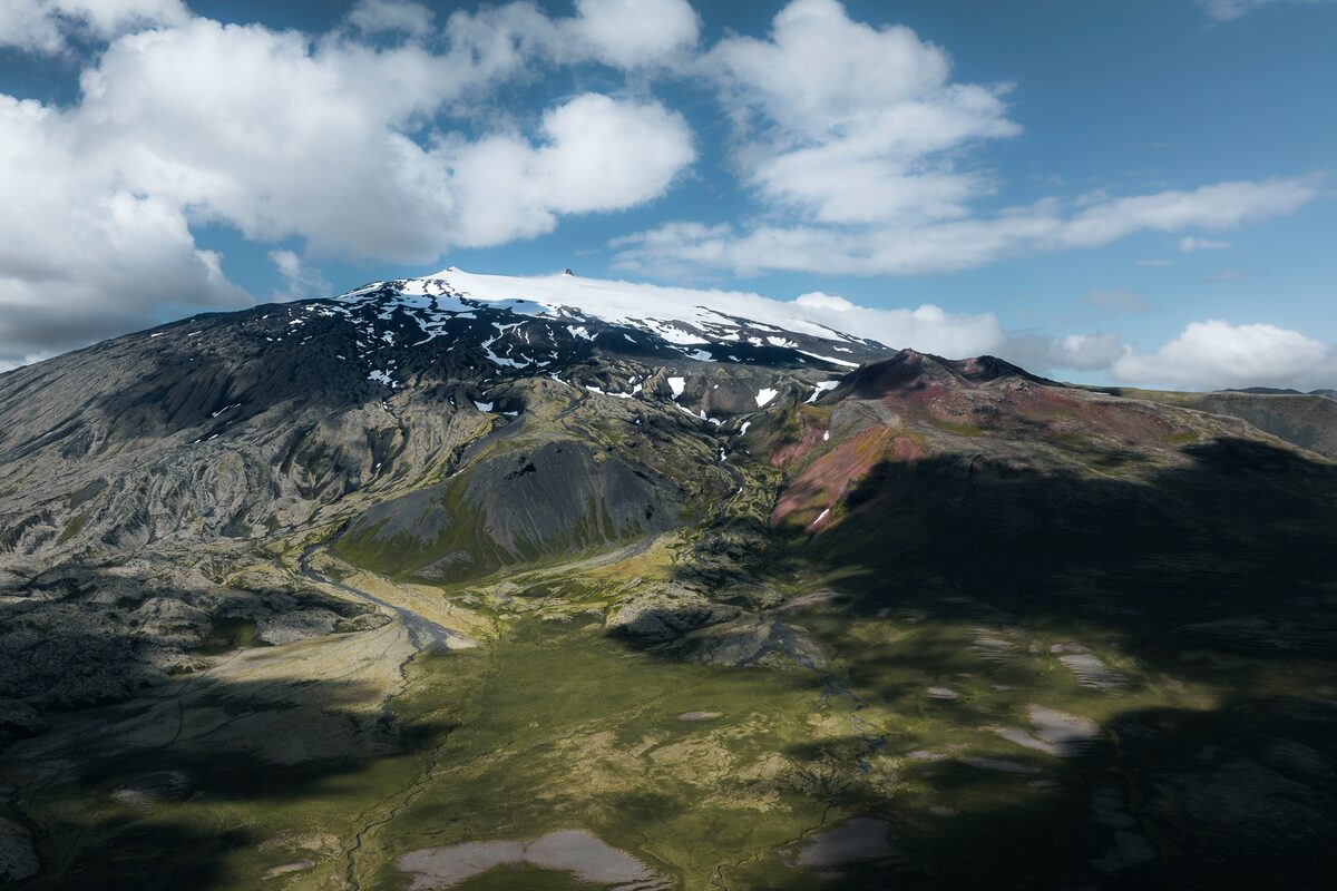 View of Snaefellsjokull glacier in Iceland, sunny blue sky.