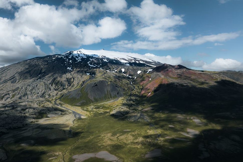 View of Snaefellsjokull glacier in Iceland, sunny blue sky.