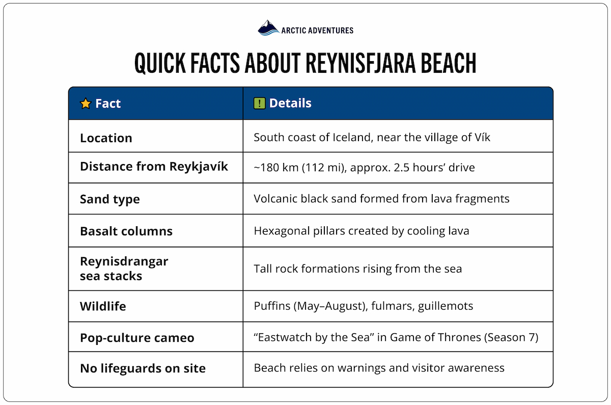 Reynisfjara beach quick facts table, including distance from Reykjavik and wildlife.
