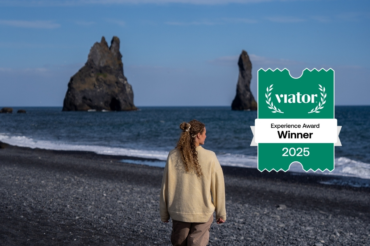 Viator award to Arctic Adventures, female standing at Reynisfjara beach in summer.