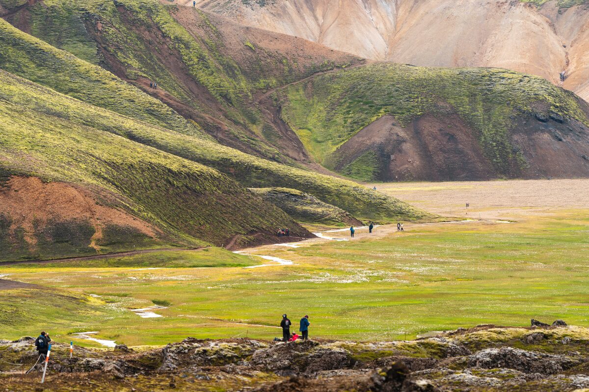 Tourists walking through Landmannalaugar lushious green fields beneath moss covered mountains.