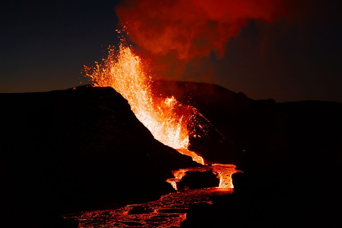 Virtual reality active volcano eruption at night time during Volcano Express tour in Reykjavik.