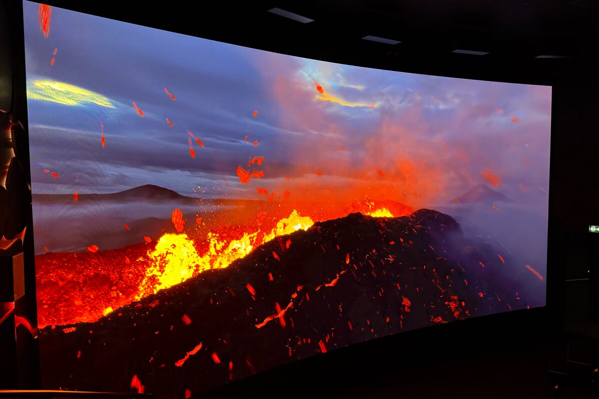 Virtual reality up close view of lava erupting from Volcano Express tour in Reykjavik.