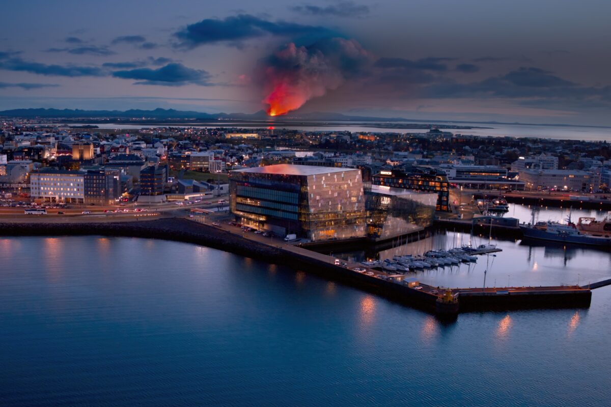 View of eruption in Reykjavik inside volcano express tour.