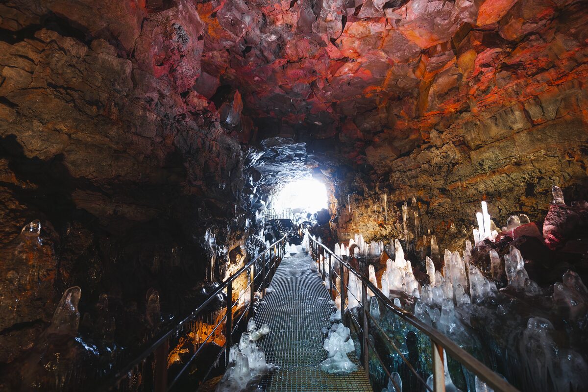 Crystal formations inside Raufarholleshellir lava tunnel in winter time.