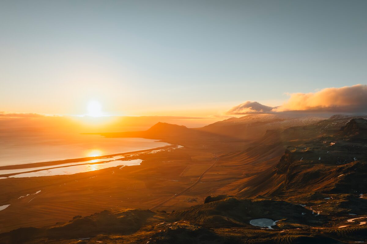 Golden sunset over Fjords and valleys in Snaefellsnes in Iceland, winter time.