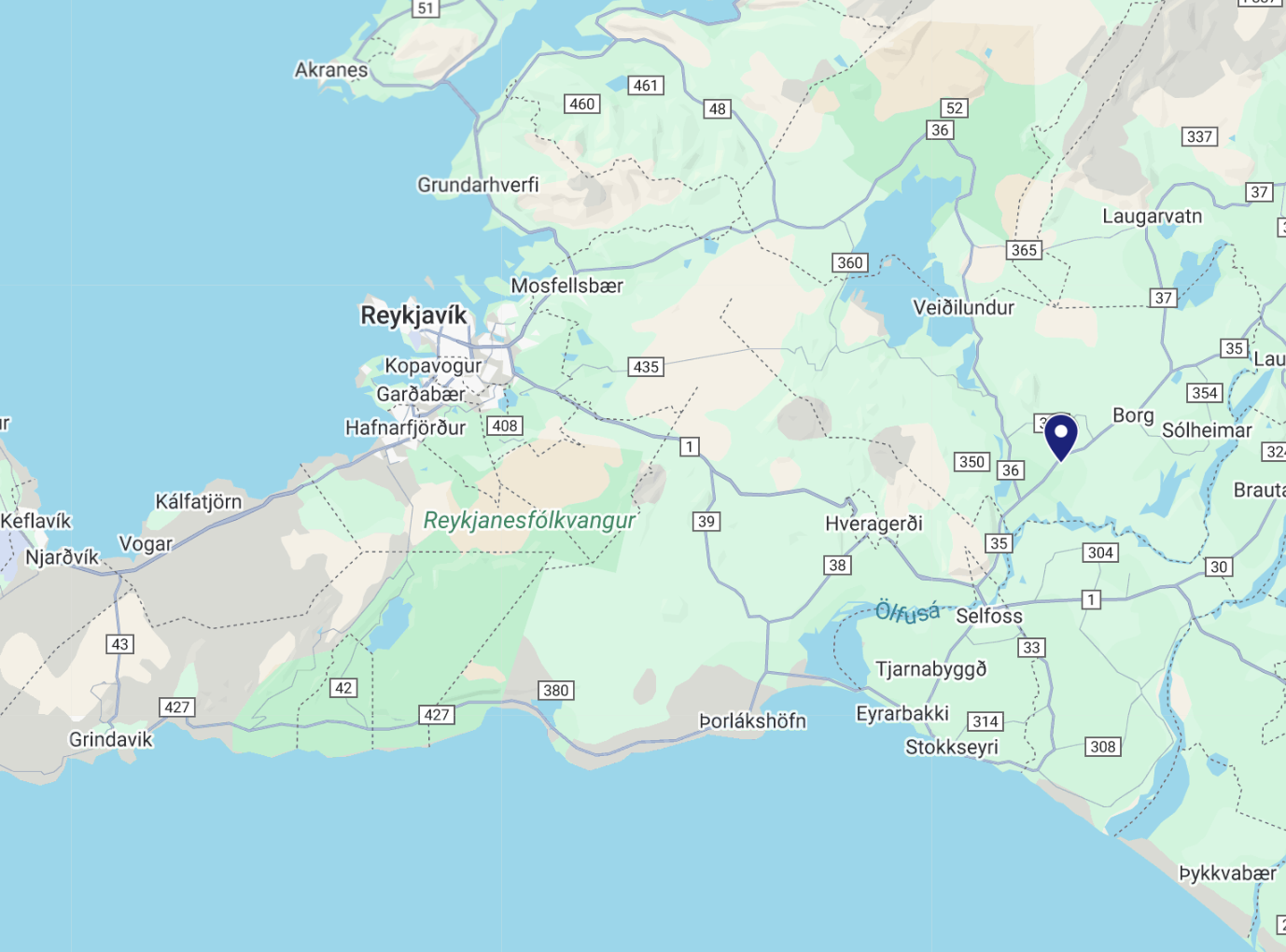 Map showing location of kerid volcanic crater lake in Iceland.