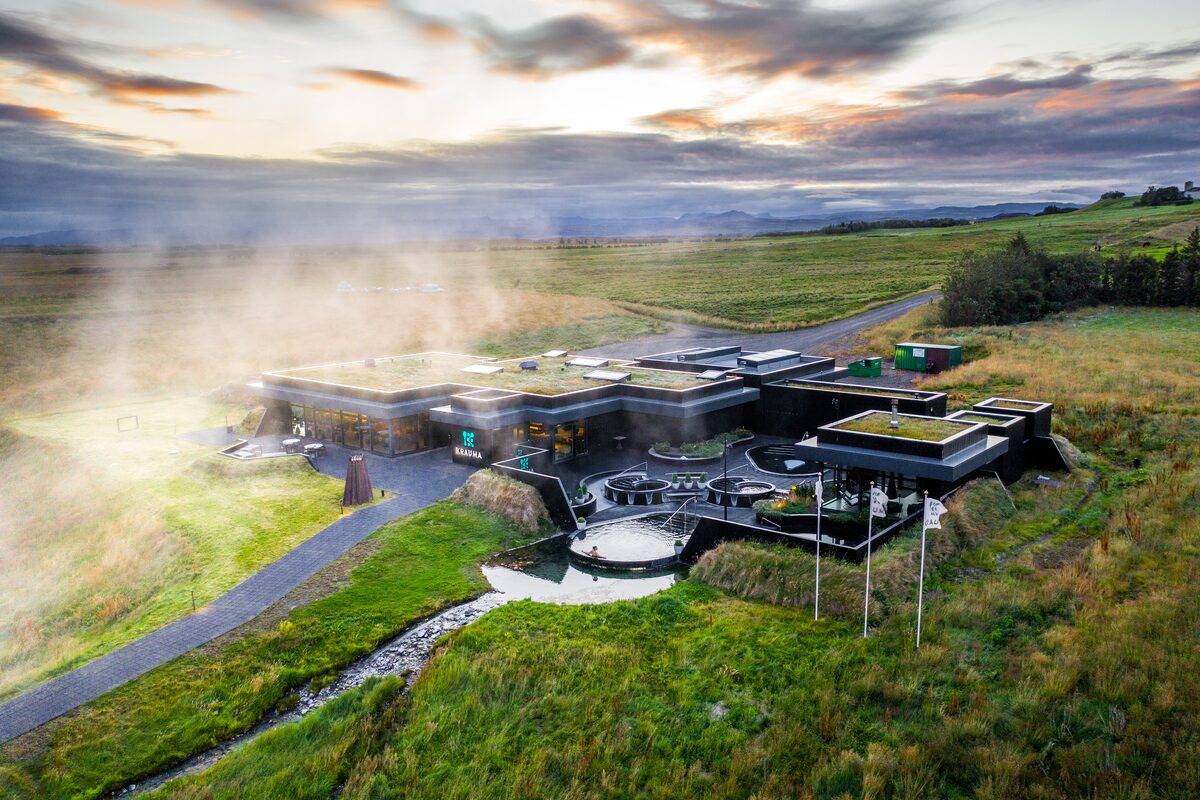 Aerial view of Krauma geothermal baths in Iceland,