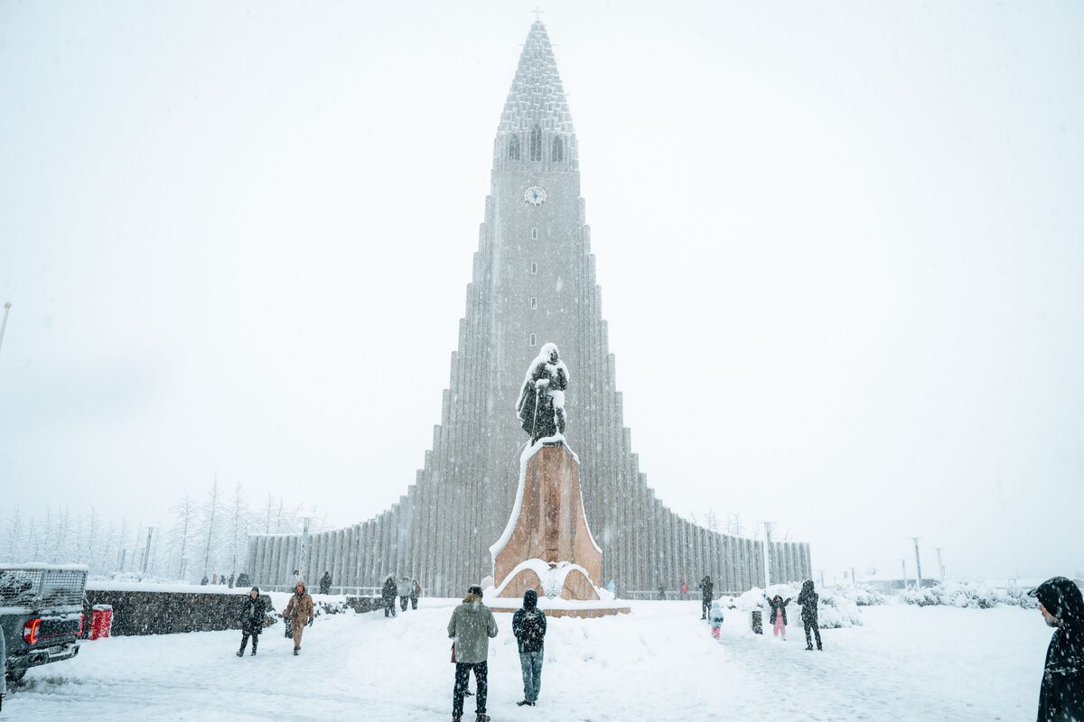 Hallsgrimskirkja Church In Reykjavik During Snowfall in iceland
