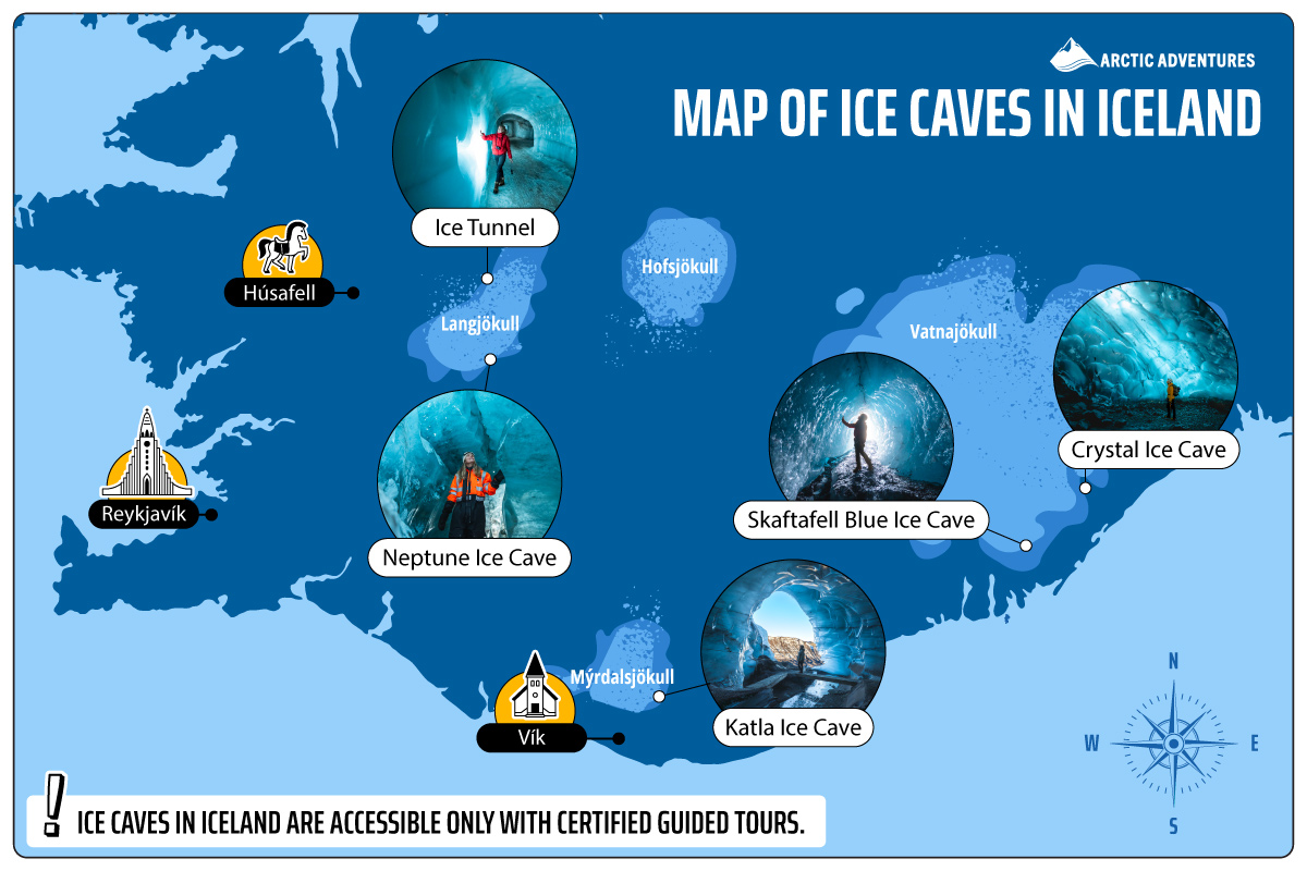 Infographic of map of ice cave locations in Iceland