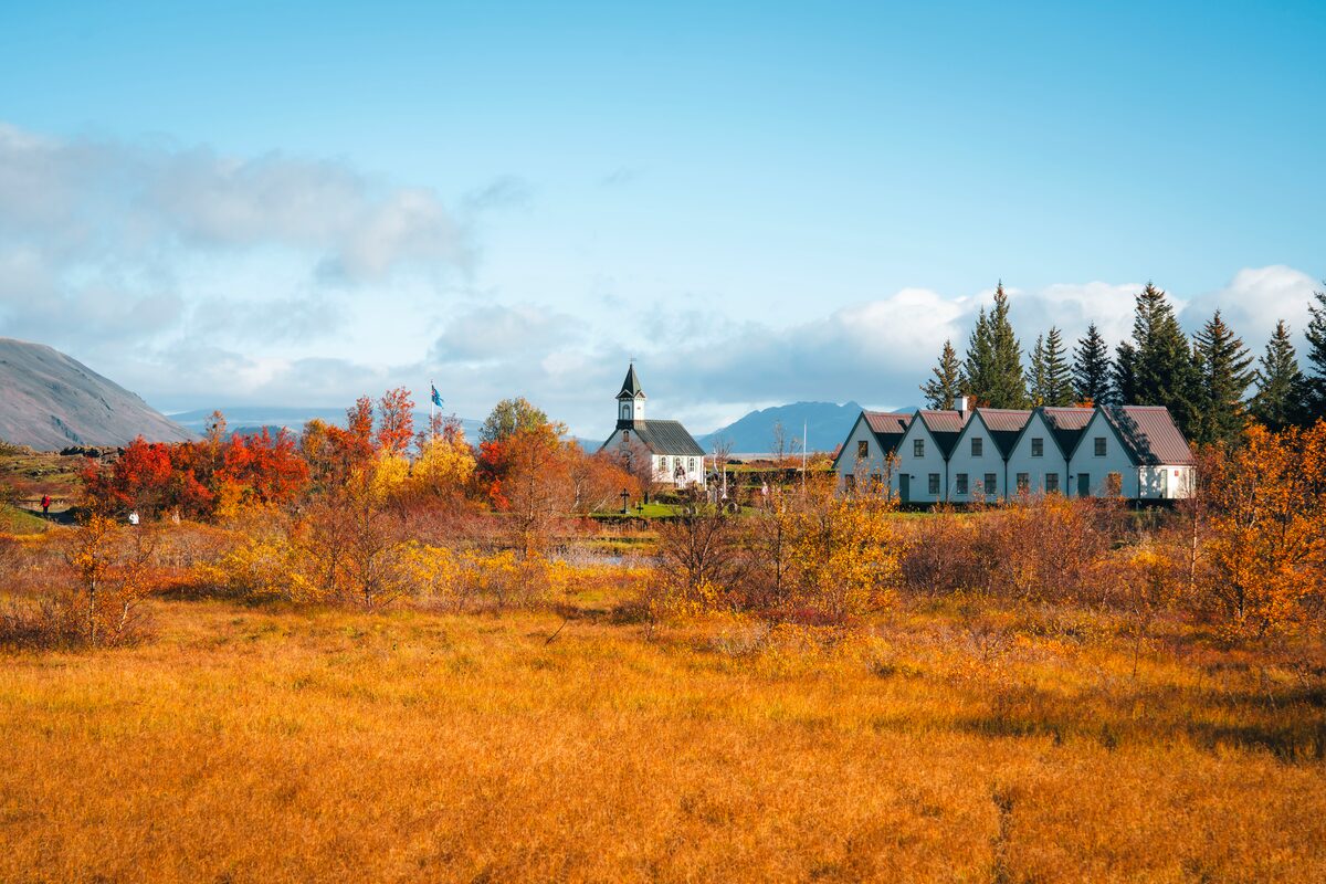 Golden grass and red-orange trees in Iceland’s Golden Circle, with a white church and nearby buildings under a blue sky