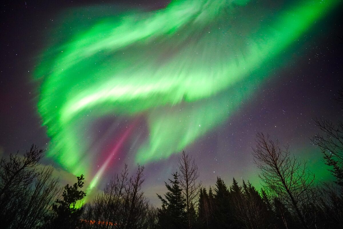 Green And Pink Northern Lights Shinning Bright in iceland