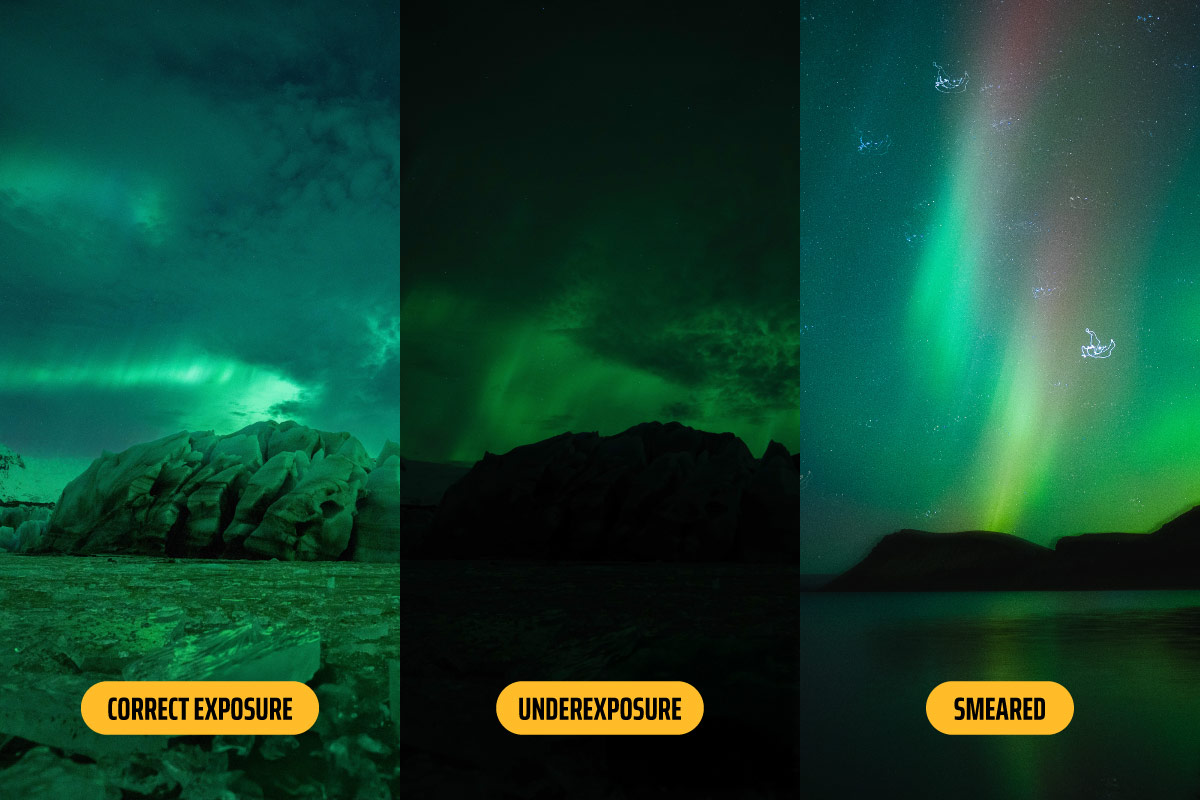 Three test photos showing correct exposure, underexposure, and smearing.