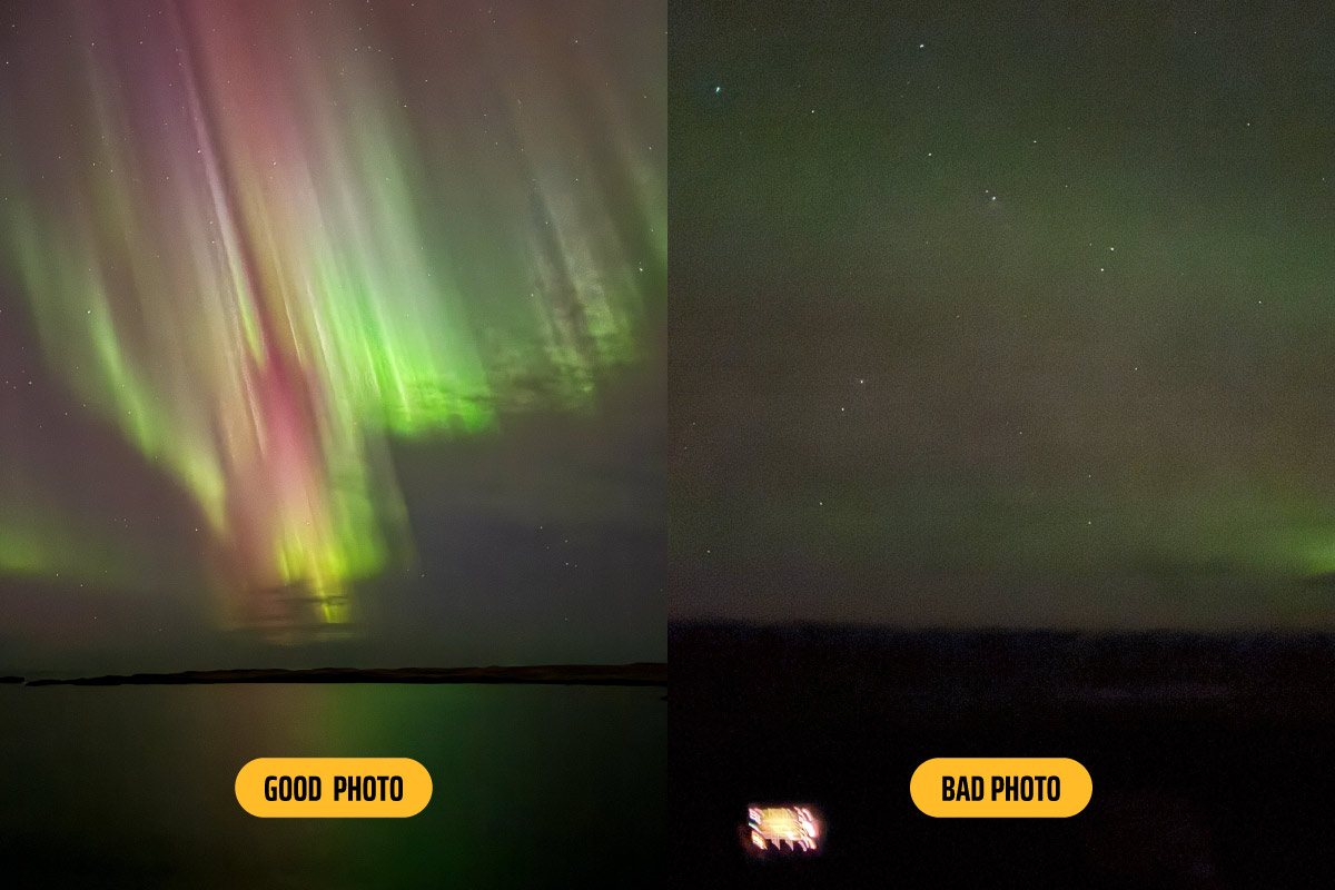 Phone Aurora photo comparison: sharp tripod shot versus blurry handheld.